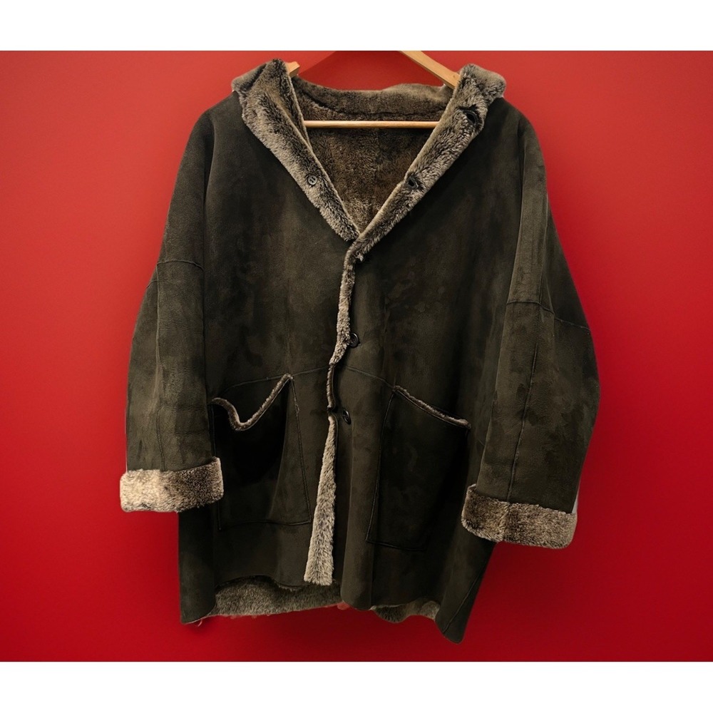 ESKANDAR Women's Suede Leather Shearling Fur‎ Coat Oversized Dark Green Size 0
